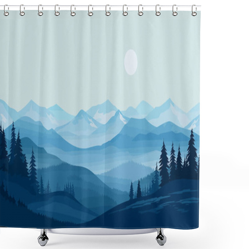 Personality  Winter Mountain Landscape. Coniferous Trees Against The Background Of Hills, Forests, Mountains, Flat Design. Vector Illustration Shower Curtains