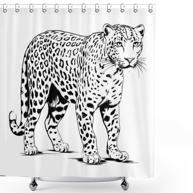 Personality  Leopard Standing Graphics Hatching Vector. Ai Generated Illustration. Shower Curtains