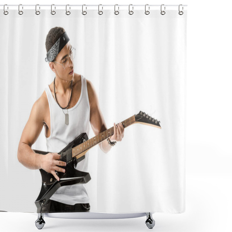 Personality  Focused Mixed Race Male Rock Musician Playing On Electric Guitar Isolated On White Shower Curtains