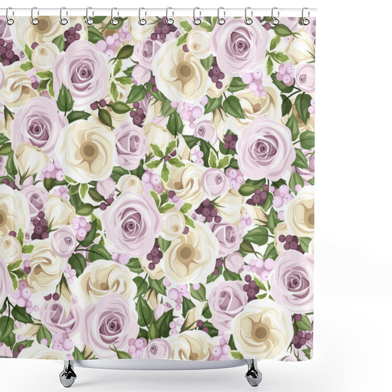 Personality  Seamless Background With Roses, Lisianthus Flowers, Berries And Leaves. Vector Illustration. Shower Curtains