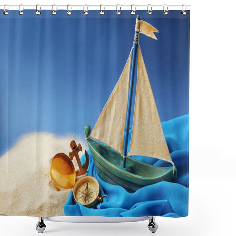 Personality  Wooden Boat, Compass And Anchor  Shower Curtains