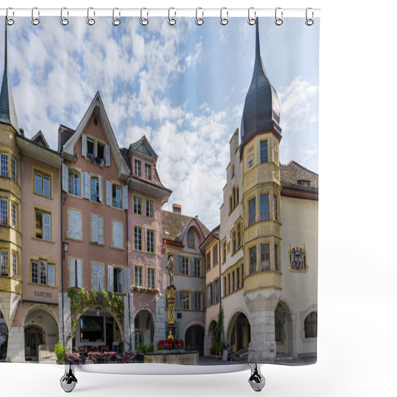 Personality  View Of The Ring Square And The Vennerbrunnen Fountain In The Historic Old Town Of Biel Shower Curtains