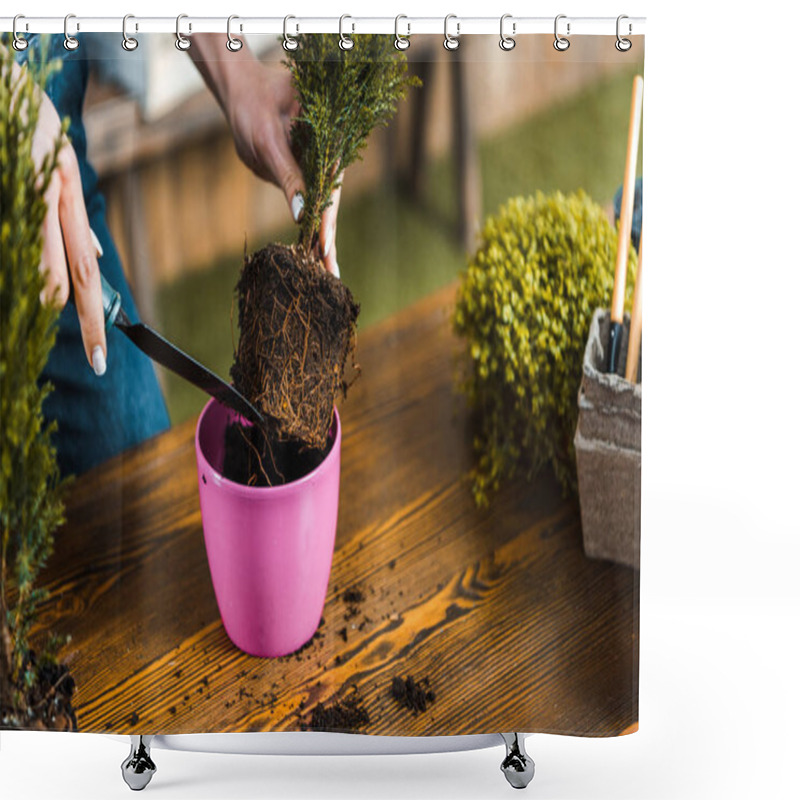 Personality  Cropped View Of Woman Holding Shovel And Transplanting Plant Into Pot  Shower Curtains