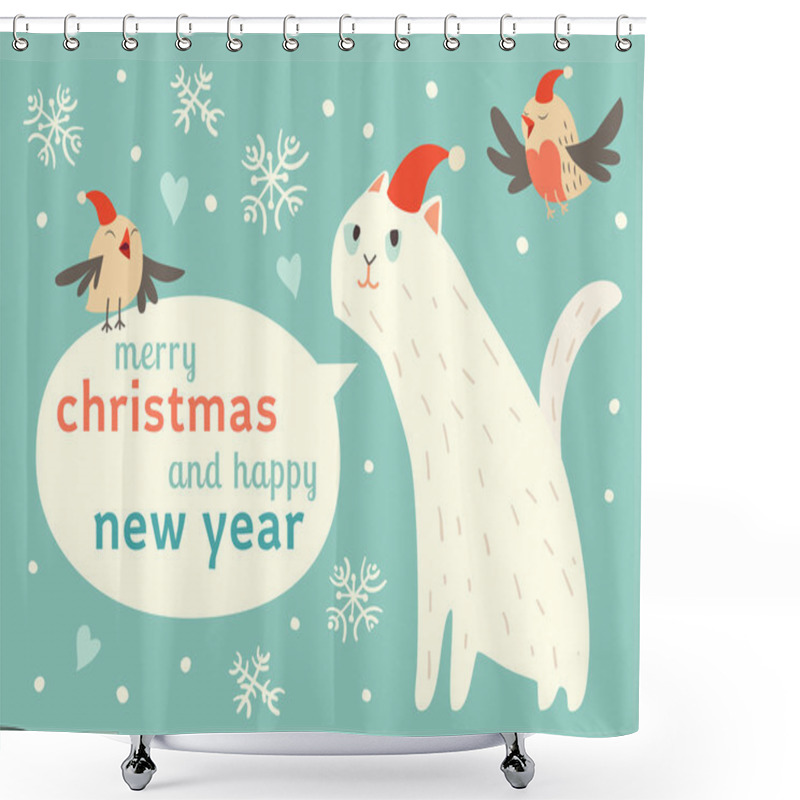 Personality  Happy Christmas Card With Cat Shower Curtains