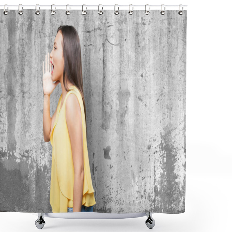 Personality  Asian Woman Shouting On Grey Background Shower Curtains