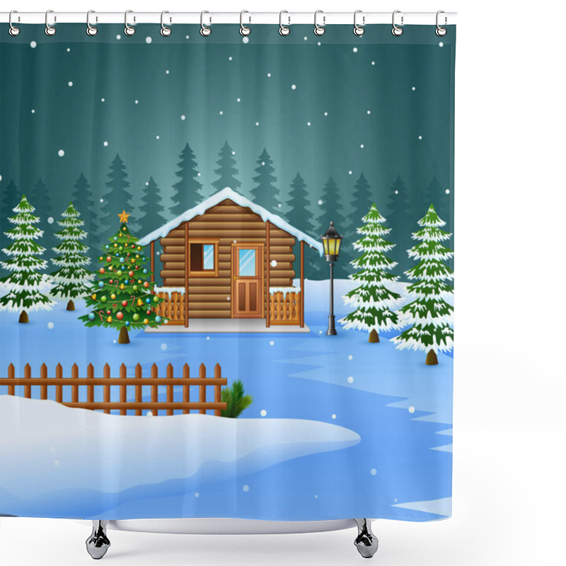 Personality  View Of Snowy Wooden House And Christmas Tree Decoration Shower Curtains