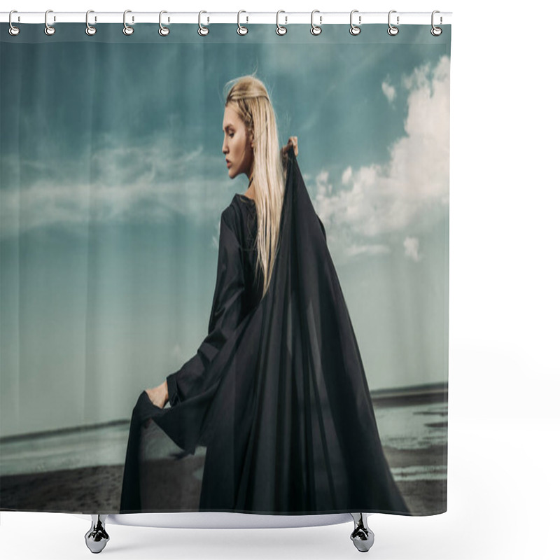 Personality  Portrait Of A Beautiful Gothic Woman In Long Black Dress Posing Outdoor. Beauty, Fashion. Shower Curtains