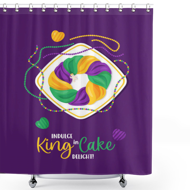 Personality  Traditional Festive King Cake With Baby Jesus Toy, Necklaces And Beads On Plate, Top View. Mardi Gras Carnival. Holiday Fat Tuesday. Vector Vertical Illustration In Cartoon Style Shower Curtains