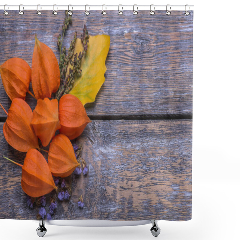 Personality  Colorful October Physalis Fruits With Dry Blue Flowers, Yellow Tree Leaf On A Wooden Background Shower Curtains