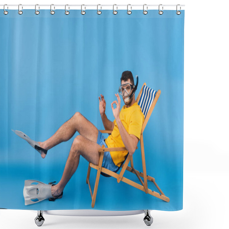 Personality  Man In Swimming Goggles And Flippers Showing Ok Gesture On Deck Chair On Blue Background  Shower Curtains