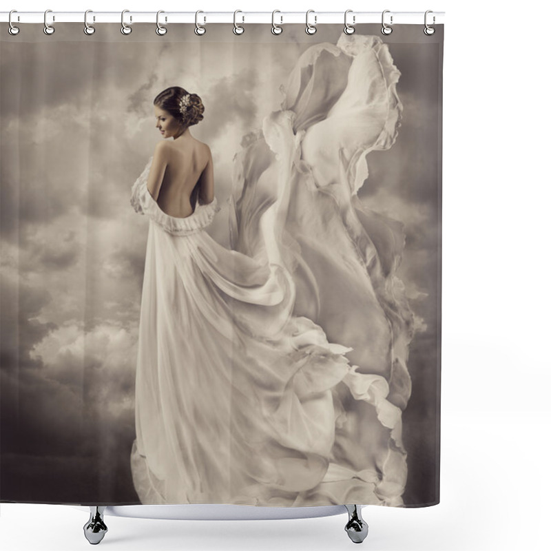 Personality  Woman Portrait In Retro Dress, Artistic White Blowing Gown, Waving And Fluttering Fabric, Fantasy Wedding Bride Shower Curtains