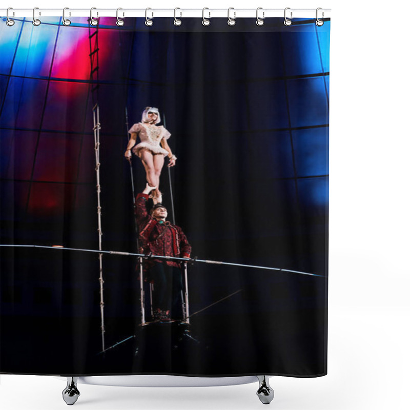 Personality  Gymnast Supporting Attractive Acrobat While Holding Pole  Shower Curtains