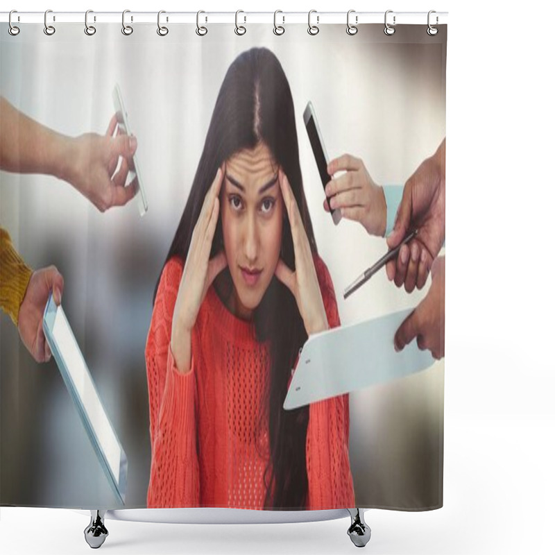 Personality  Stressed Woman Surrounded By Phones And Files Shower Curtains