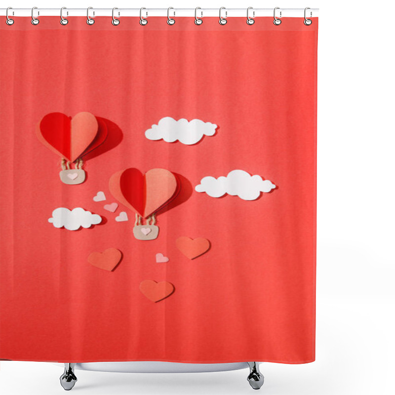 Personality  Top View Of Paper Heart Shaped Air Balloons In Clouds On Red Background Shower Curtains