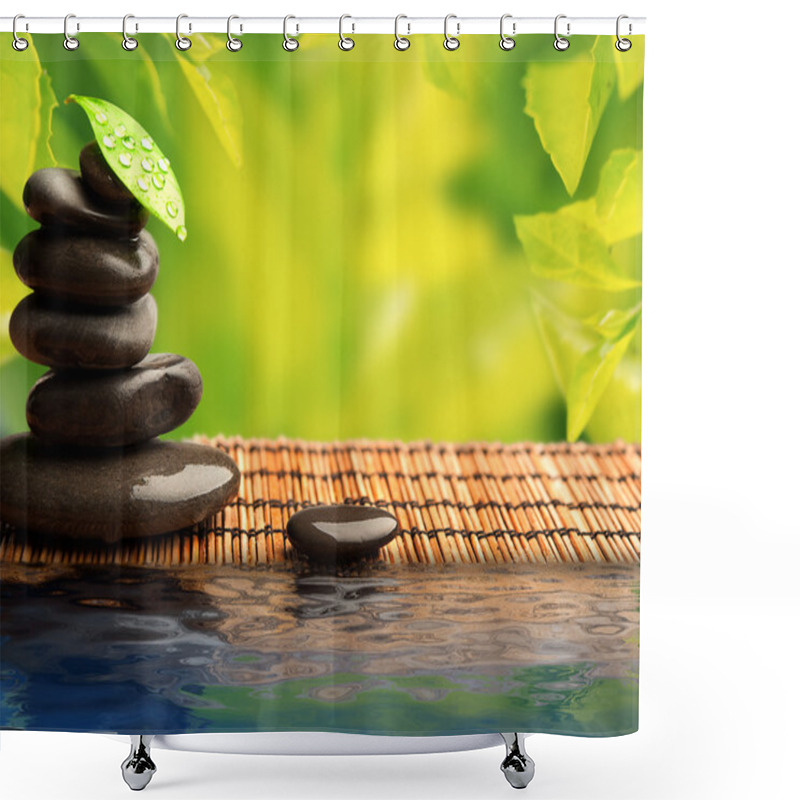 Personality  Green Eco Background With Spa Stones And Leaves With Water Shower Curtains