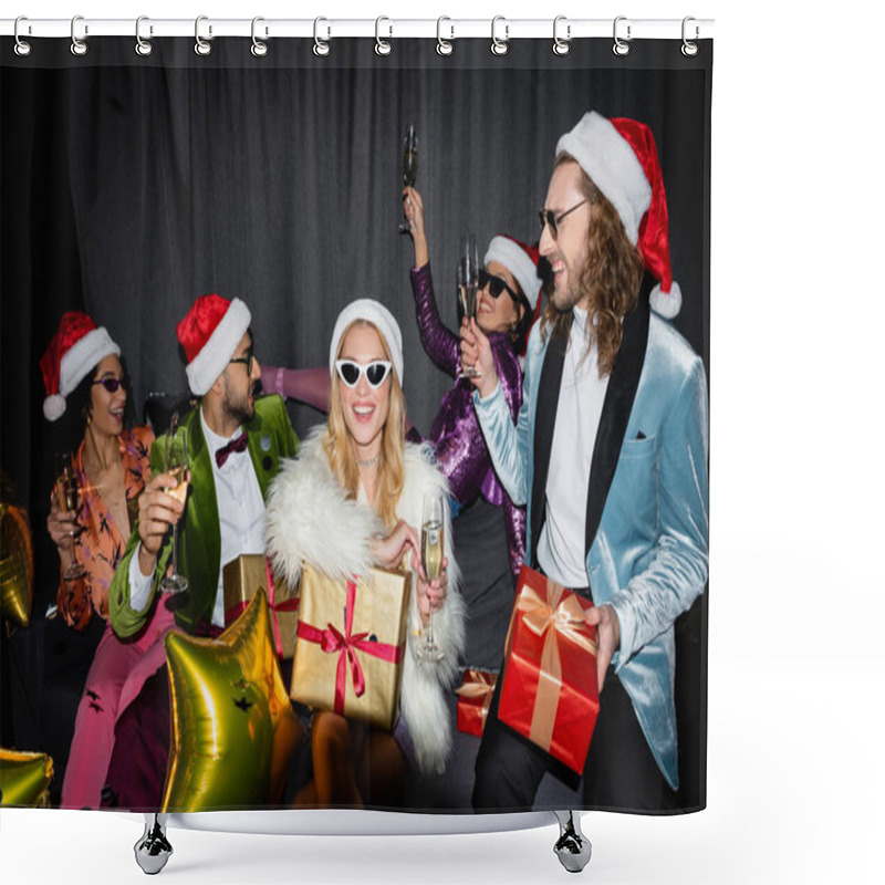 Personality  Smiling Interracial Friends Celebrating New Year On Grey Background Shower Curtains