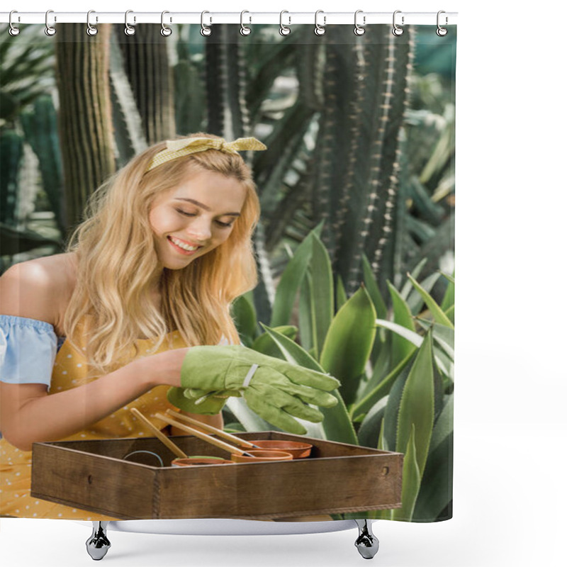 Personality  Beautiful Smiling Young Woman In Rubber Gloves Working With Pots And Green Plants Shower Curtains