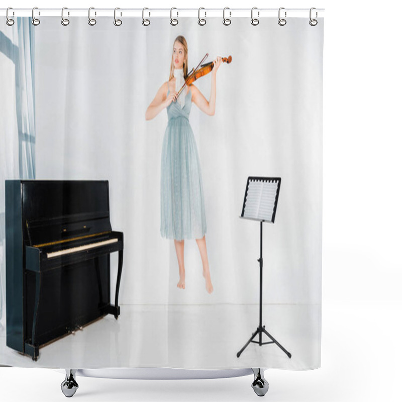 Personality  Floating Girl In Blue Dress Playing Violin And Looking Away On White Background Shower Curtains