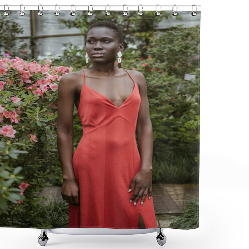 Personality  Attractive African American Girl With Short Hair In Red Dress Posing In Garden With Flowers  Shower Curtains