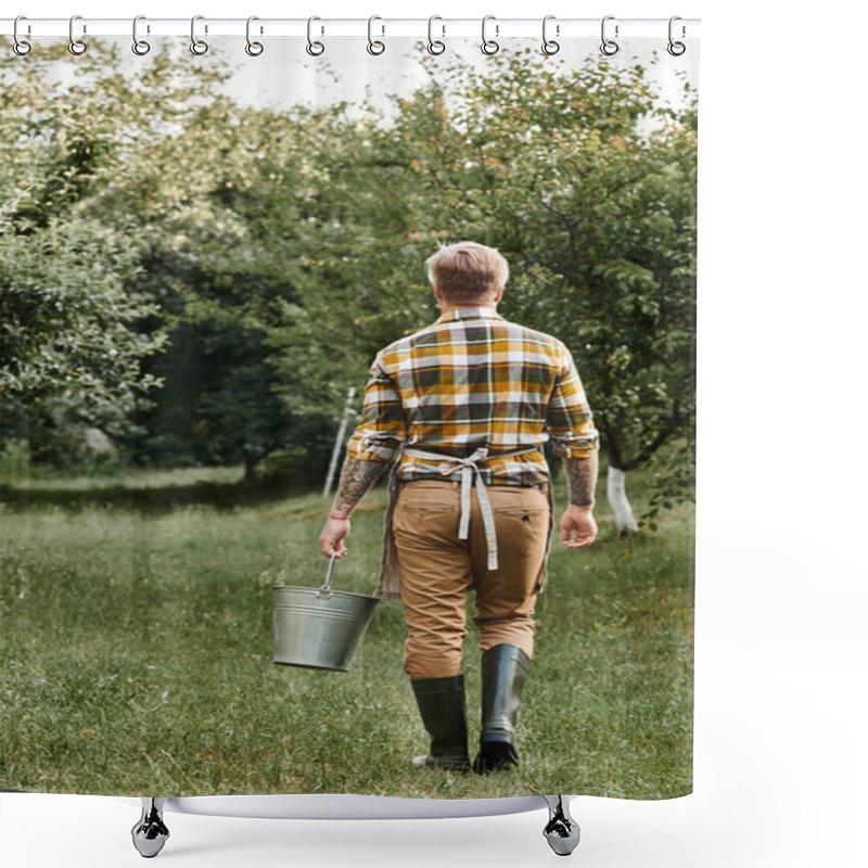 Personality  Vertical Shot Of Hard Working Man With Tattoos Working In Garden And Holding Metal Bucket In Hand Shower Curtains