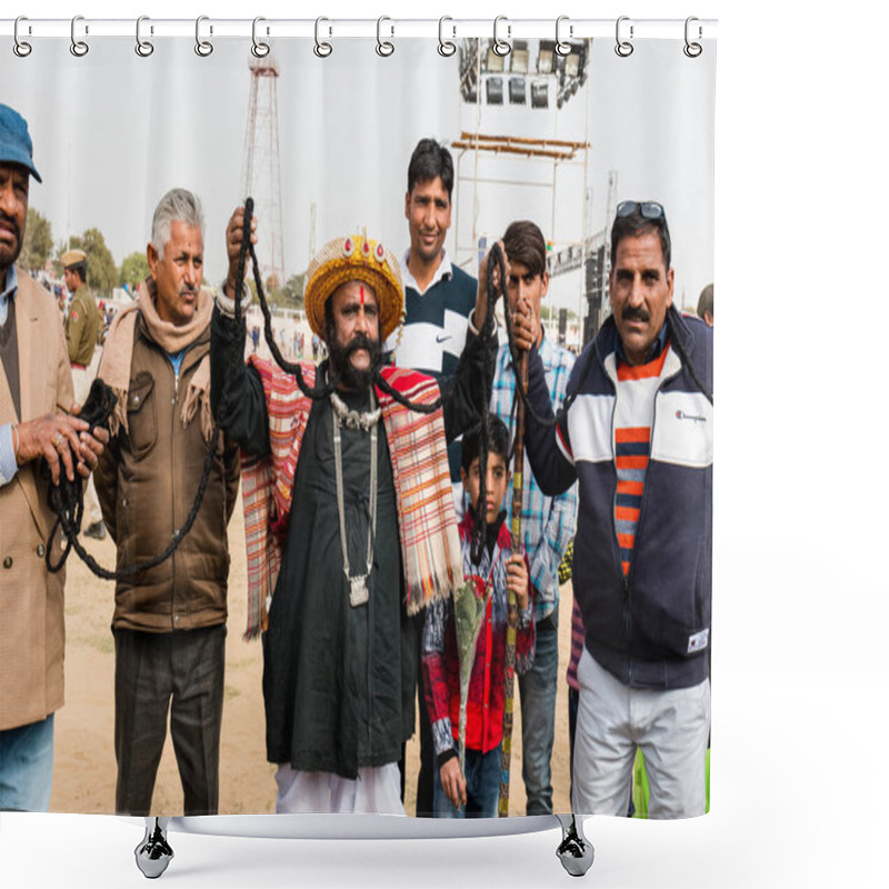 Personality  Bikaner, Rajasthan / India - January 2019 : Portrait Of Rajasthani People  Of Bikaner In Traditional Dress And Jewelry With Long Mustache And Beard Participating In Bikaner Camel Festival Shower Curtains