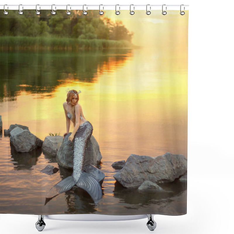 Personality  Mermaid On The Stone. Sitting In The Sunset On The Rocks. Summer Photo. Free Place To Wtite The Text. Holiday Time. Weekend. Art. Background Trees, Water. Slim Sexy Lady With Tail. Yellow And Green. Shower Curtains