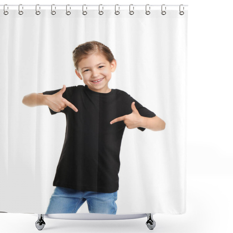 Personality  Little Girl In T-shirt On White Background. Mockup For Design Shower Curtains