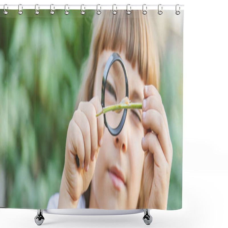 Personality  Child With A Magnifying Glass In His Hands. Selective Focus. Shower Curtains