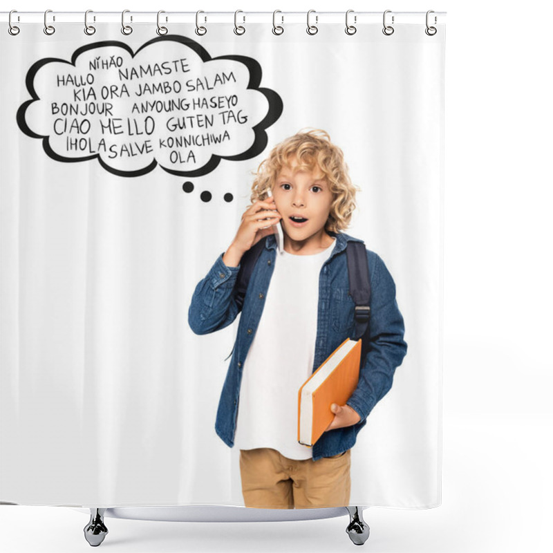 Personality  Shocked And Blonde Schoolboy Holding Book And Talking On Smartphone Near Speech Bubble With Greeting Words On White  Shower Curtains