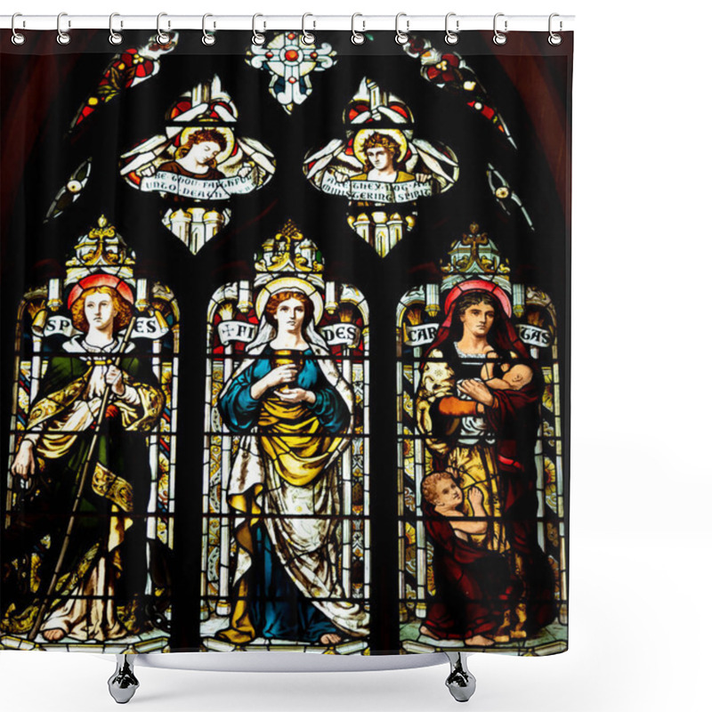 Personality  Edinburgh, Scotland - Nov 20, 2017: Stained Glass Of Edinburgh Cathedral, Stained-glass Window With Virtues First Part Shower Curtains