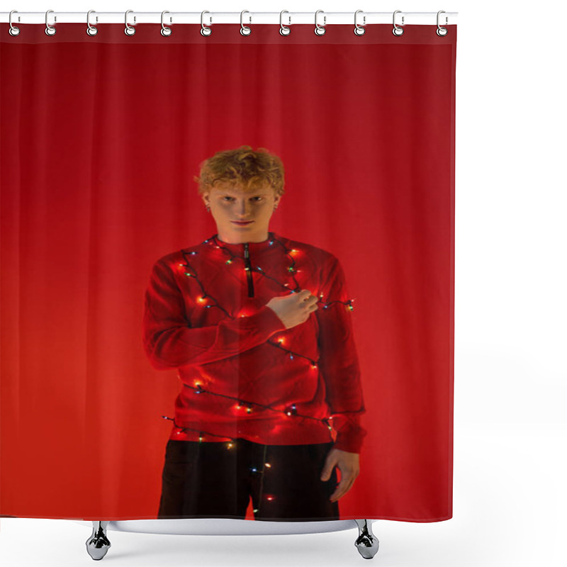 Personality  A Young Man Showcases His Unique Sense Of Style This Holiday Season By Wearing Festive Red Attire Adorned With Colorful Christmas Lights. Shower Curtains