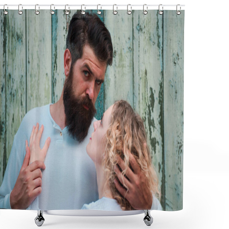 Personality  Enjoying Pleasure. Feeling Desire. Sensual Foreplay. Sexy Initiative Woman With Young Aroused Man. Passionate Man Kissing Sensual Woman. Beautiful Young Sensual Woman Love Affectionate Man Shower Curtains