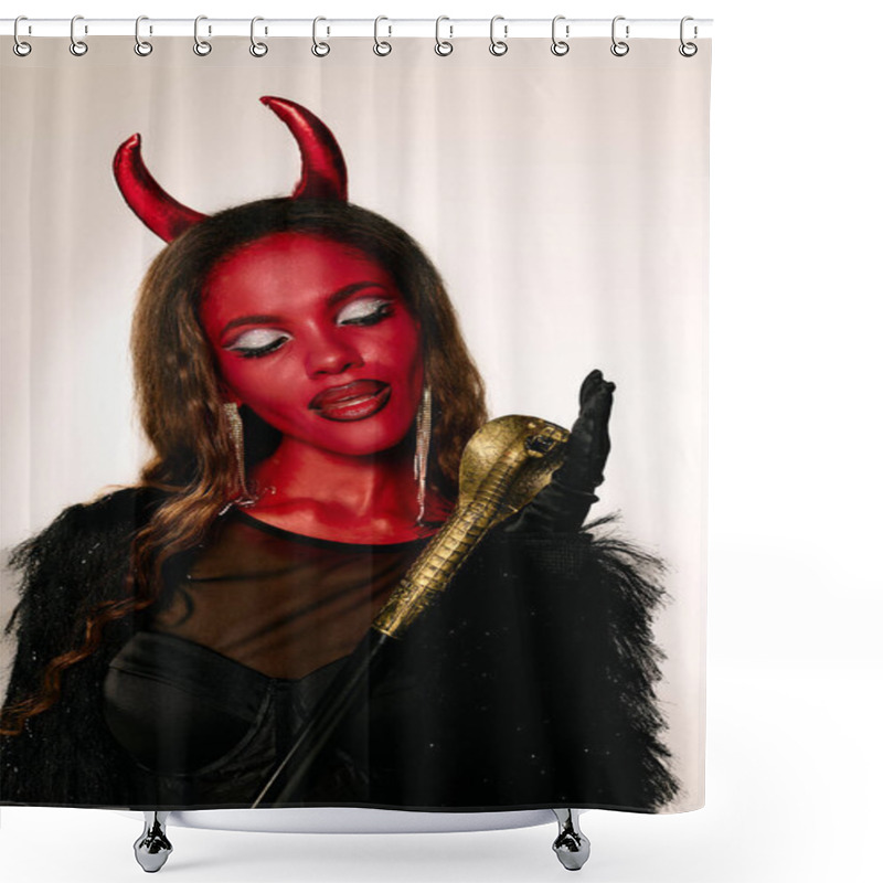 Personality  The Beautiful Woman, Adorned In Red Face Paint And Horns, Captivates With Her Costume. Shower Curtains