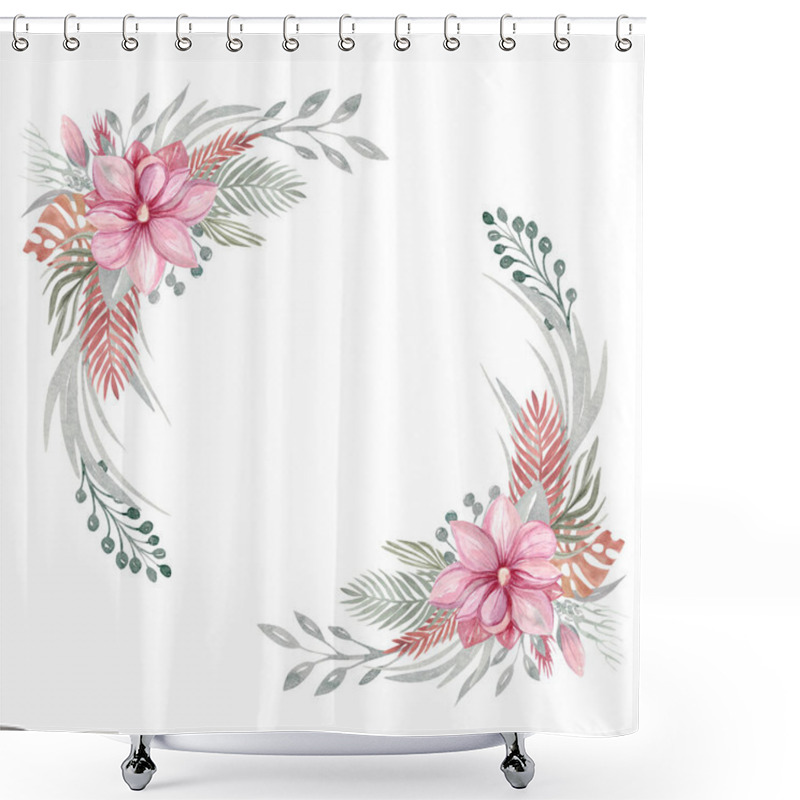 Personality  Watercolor Floral Boho Frame Autumn Dried Flowers And Branches. Pink Flowers Of Magnolia Leaves, Tropical Leaves, The Branch Of Eucalyptus. Botanical Elements Shower Curtains