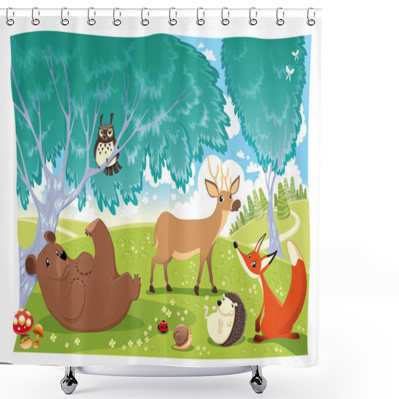 Personality  Animals In The Wood. Animal, Autumn, Background, Bear, Bird, Childhood, Cloud, Color, Daisy, Deer, Fable, Fairy, Fauna, Flower, Forest, Fox, Grass, Hedgehog, Illustration, Isolated, Ladybird, Ladybug, Shower Curtains