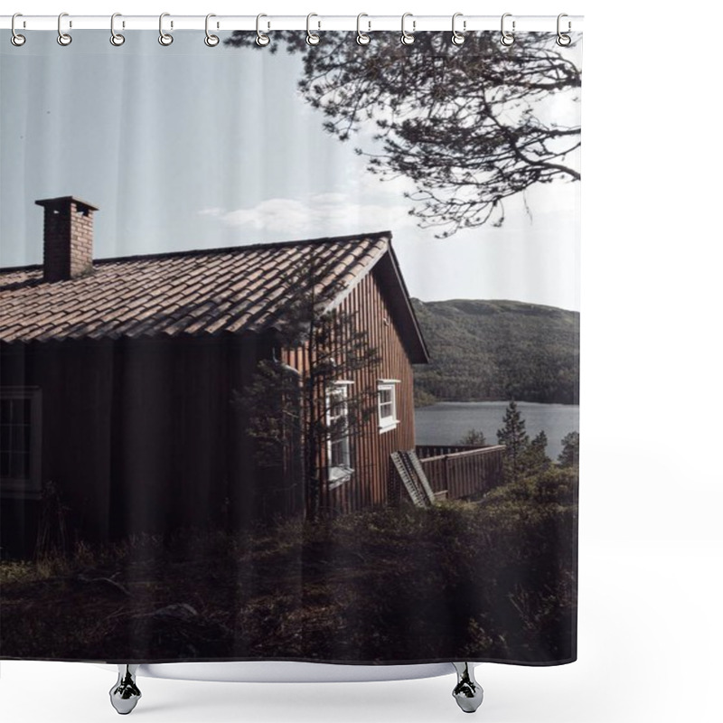 Personality  A Vertical Shot Of A Lake House In The Middle Of A Forest Under The Clear Sky Shower Curtains