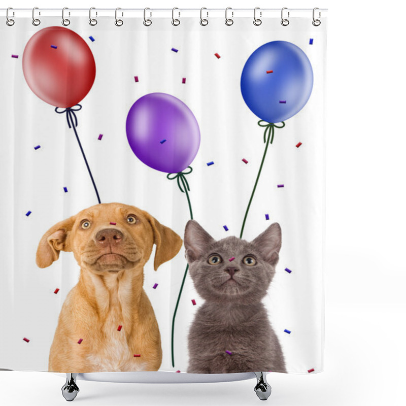 Personality  Cute Young Puppy And Kitten With Balloons Shower Curtains