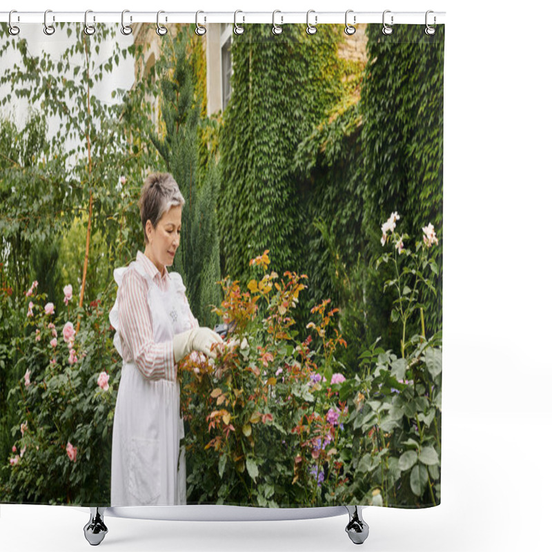 Personality  Mature Cheerful Beautiful Woman With Short Hair Using Gardening Tools To Take Care Of Lively Rosehip Shower Curtains