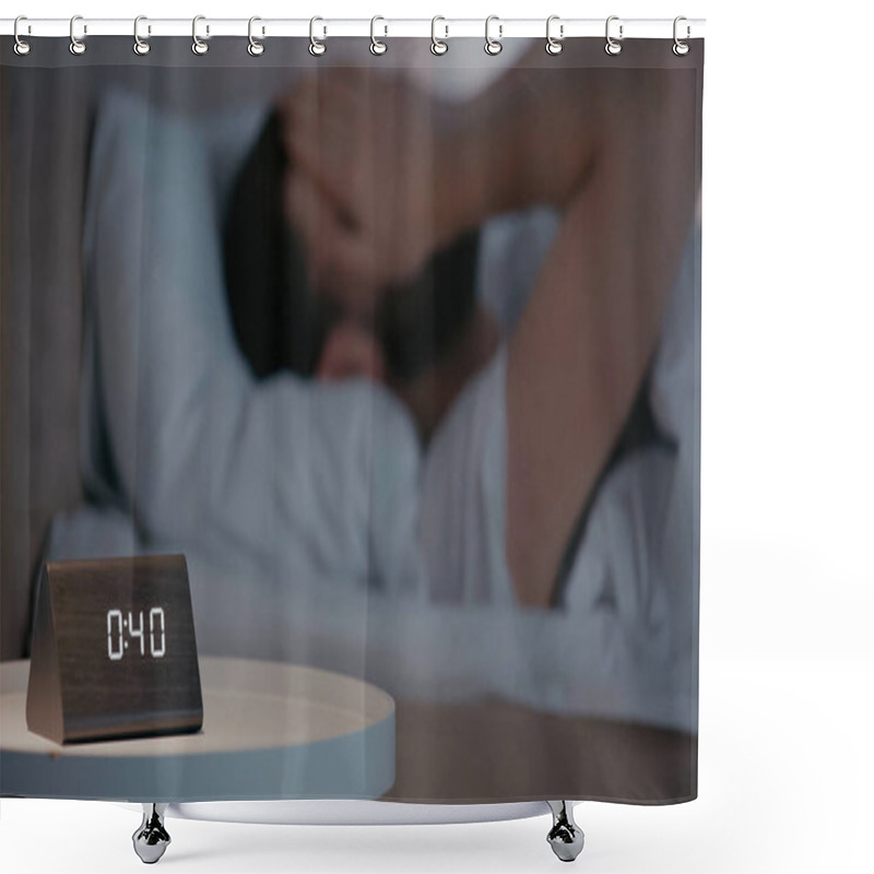 Personality  Clock On Bedside Table Near Blurred Man On Bed At Night  Shower Curtains