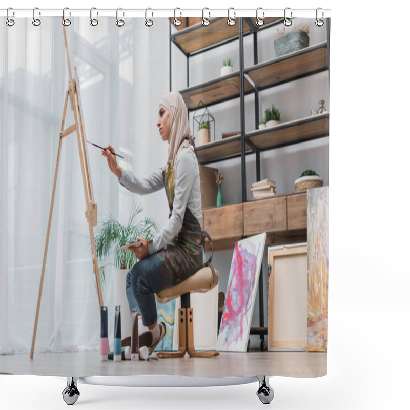 Personality  Side View Of Muslim Woman Drawing On Easel In Home Studio Shower Curtains