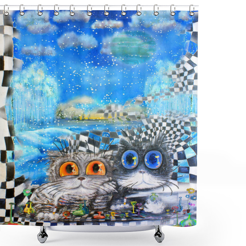 Personality  Two Cats On Abstract Winter Background Shower Curtains