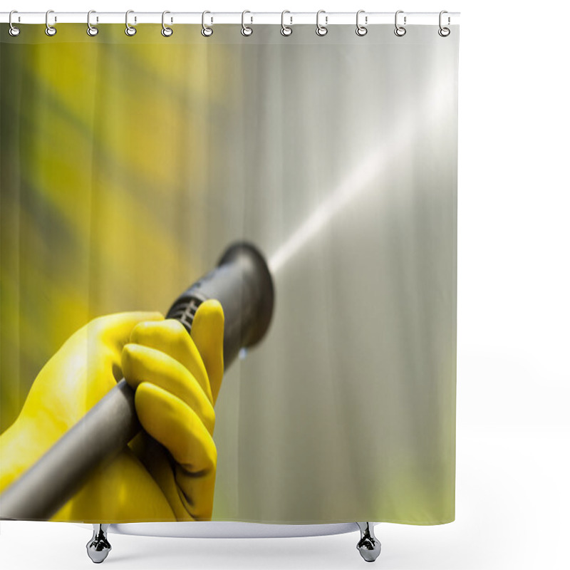 Personality  Closeup Black Head Of High Pressure Water Cleaner As Waterbeam Emerges Shower Curtains