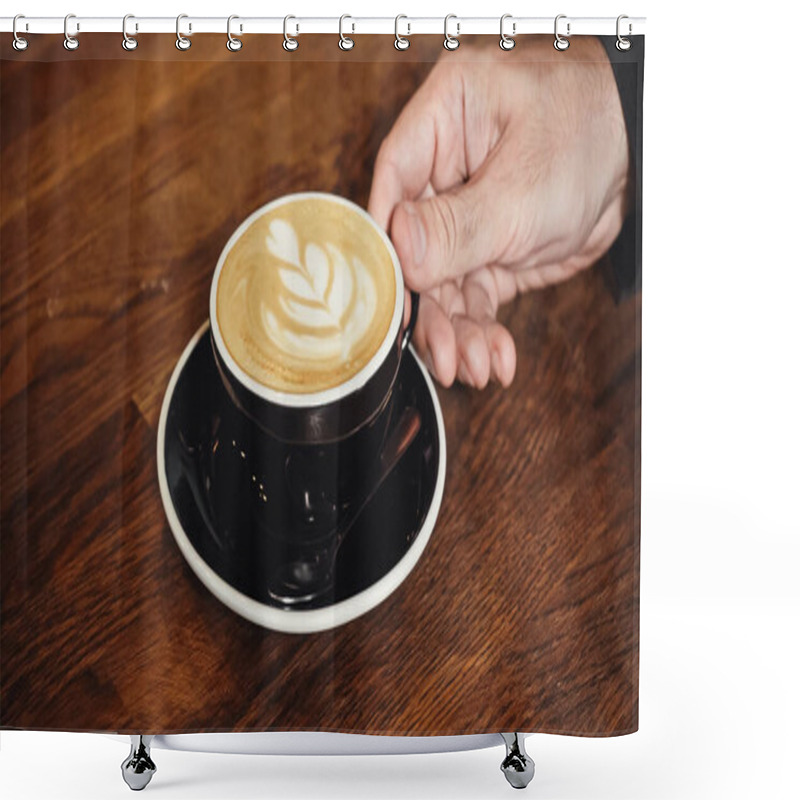 Personality  Cropped View Of Man Holding Cup Of Cappuccino With Latte Art  Shower Curtains