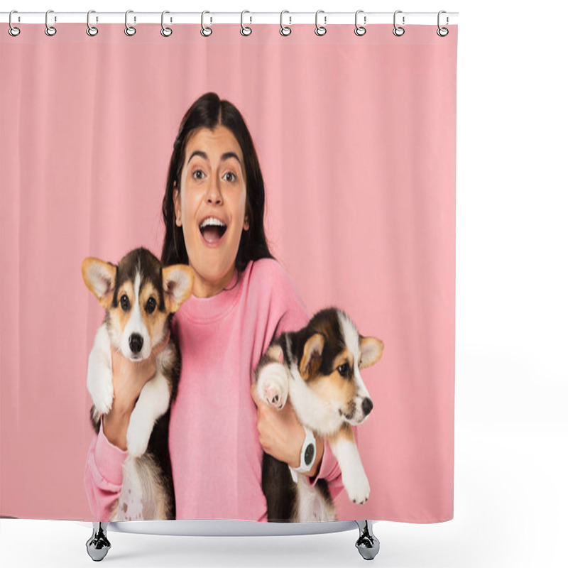 Personality  Excited Woman Holding Welsh Corgi Puppies, Isolated On Pink Shower Curtains