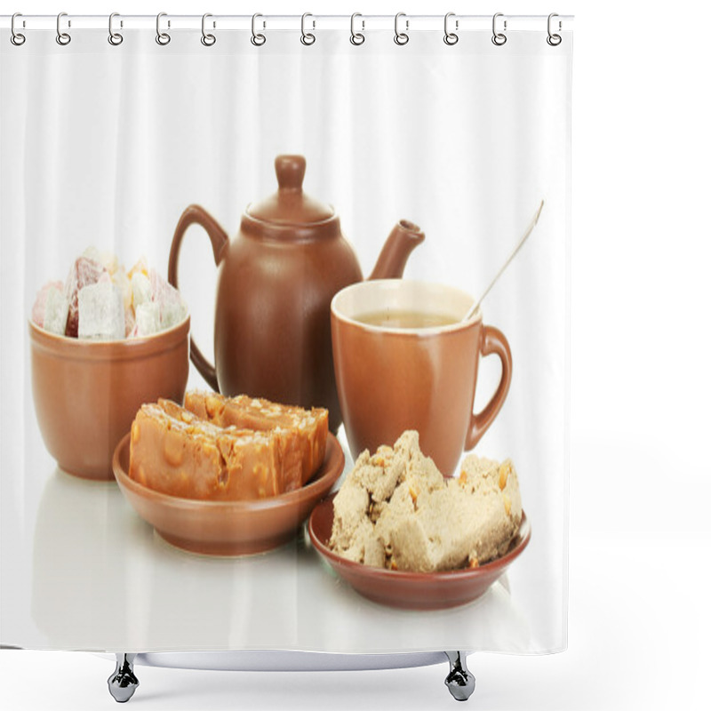 Personality  Teapot With Cup And Saucer With Oriental Sweets - Turkish Delight, Sherbet And Halva Isolated On White Shower Curtains