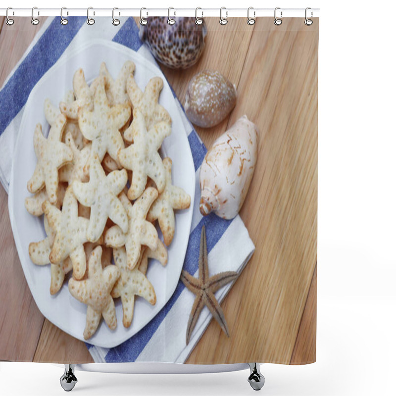 Personality  Salty Cheese Cookies In Shape Of A Starfish On A Plate On Wooden Table Shower Curtains