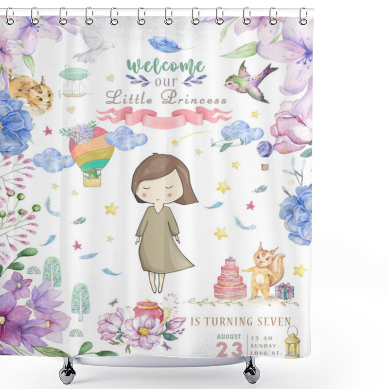 Personality  Happy Birthday Card With Cute Little Princess And Pink Flowers And Flower. Beauty Design Card For Celebration, Invite On White Background Shower Curtains