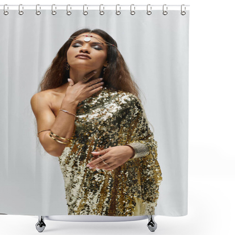 Personality  An Elegant African American Goddess Poses Gracefully In A Shiny Golden Dress, Exuding Confidence And Beauty. Shower Curtains