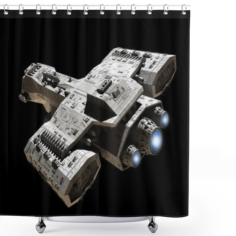 Personality  Spaceship On Black With Blue Engine Glow Shower Curtains