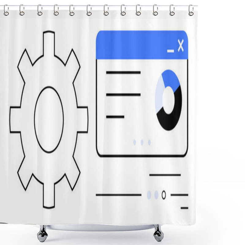 Personality  Gear Symbol Next To A Dashboard Window Containing A Pie Chart And Text Lines. Ideal For Data Analysis, System Settings, Technical Support, Workflow Optimization, Analytics, Tech Interfaces Shower Curtains